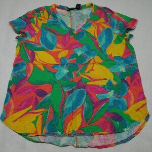 Tahari Linen Top Women Size 1X Floral Tropical Print V-Neck Popover Blouse